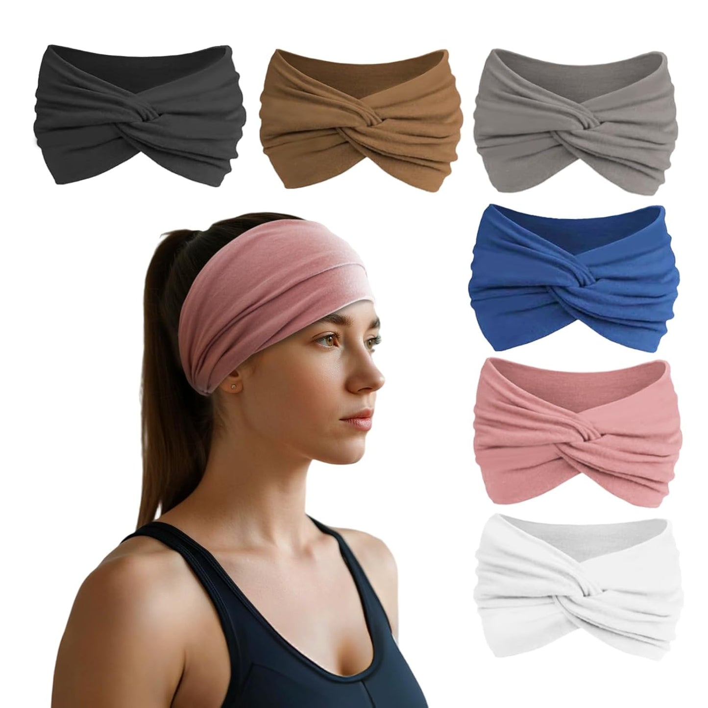 HSEM Wide Non-Slip Headbands for Women - Stretchy Cotton Hair Accessories | 6 Pcs for Gym & Workout