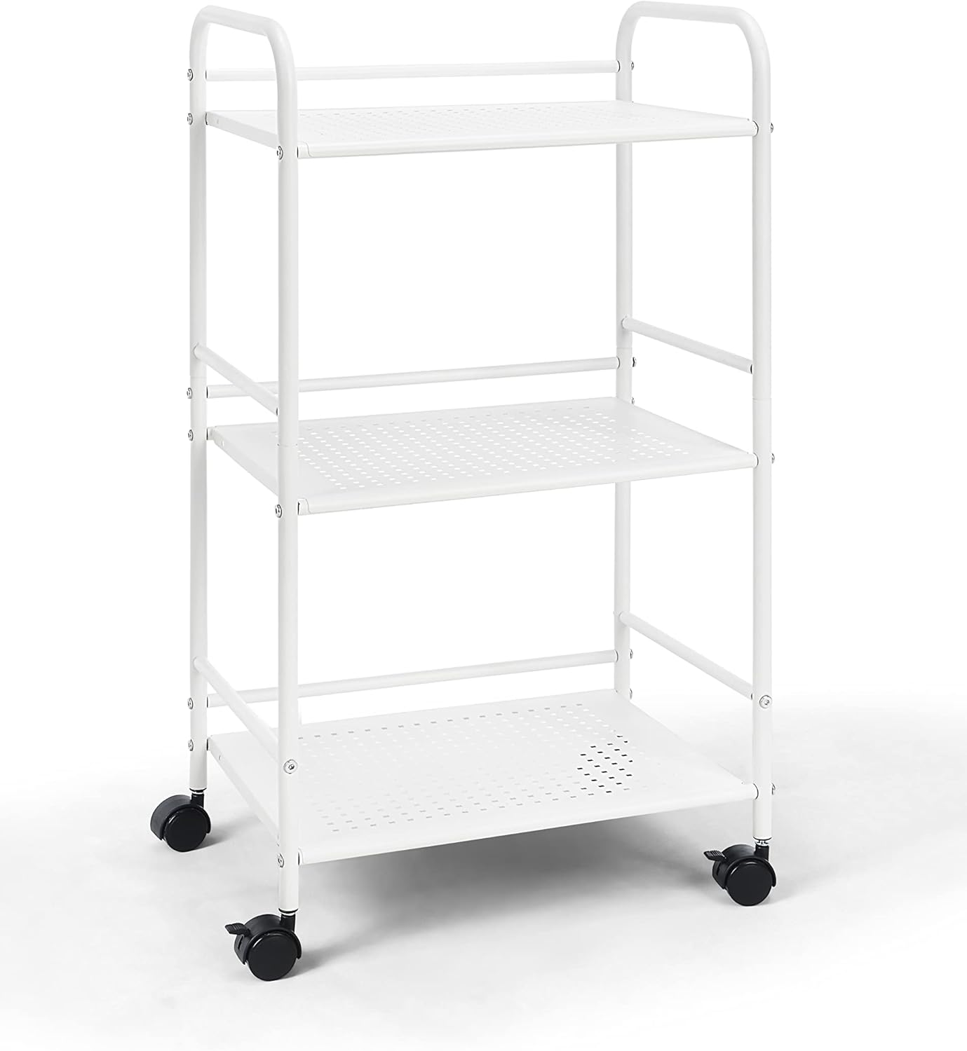 SunnyPoint 3-Tier Rolling Utility Cart - Metal Storage Organizer with Wheels | Mobile Kitchen & Office Organizer, White, 12"D x 16.92"W x 31.1"H
