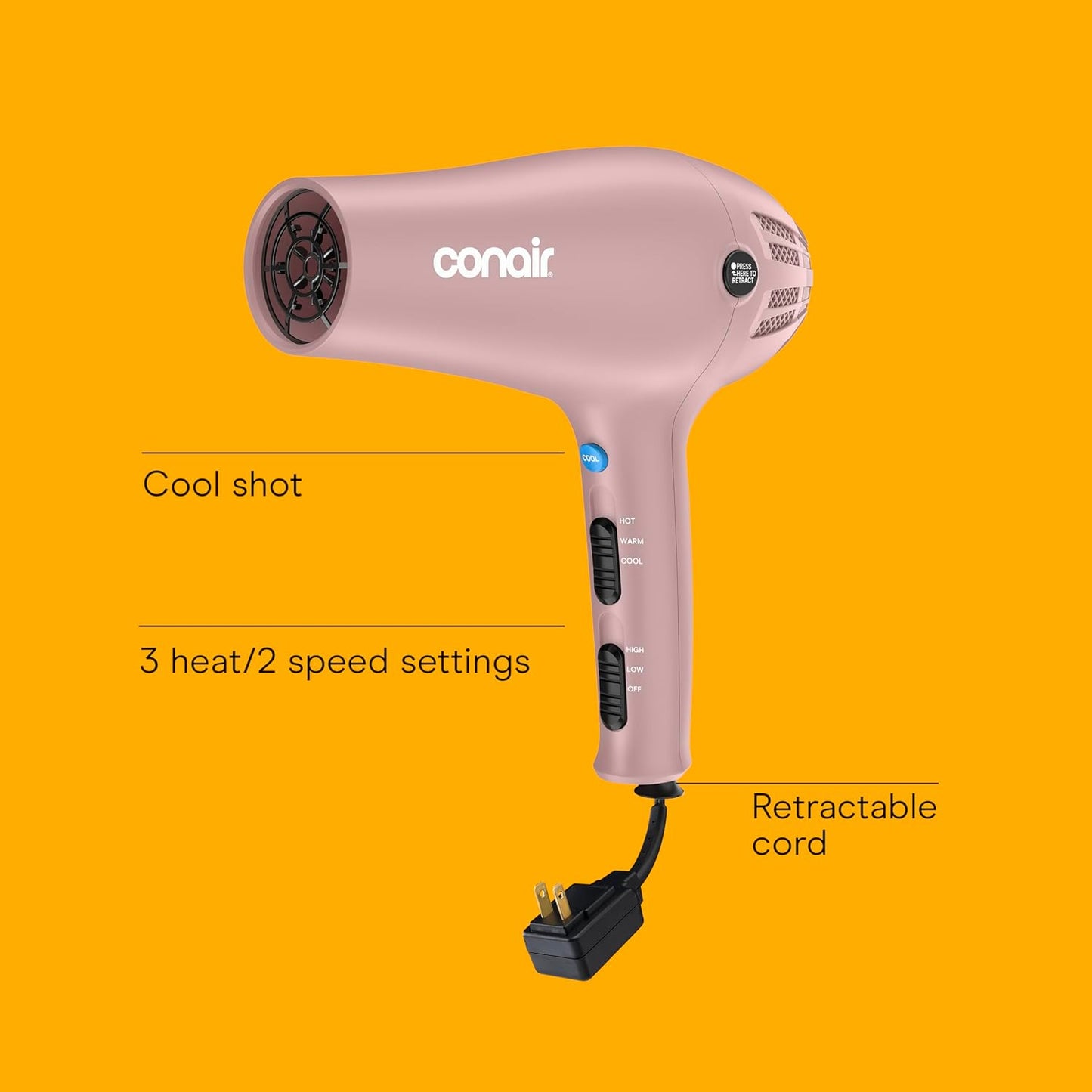 Conair Hair Dryer - 1875W Ionic Blow Dryer with Retractable Cord & Diffuser | Matte Light Pink, 3 Heat Settings