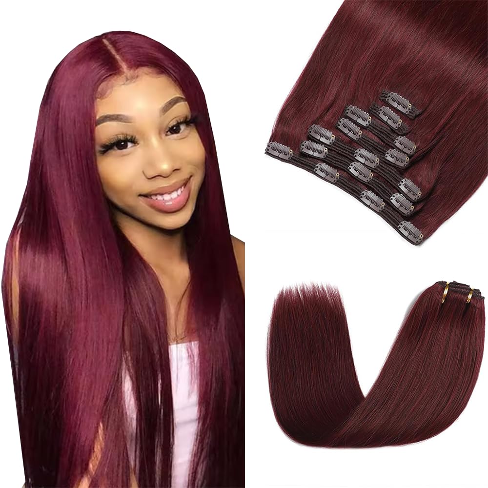 99J Clip in Hair Extensions Real Human Hair, 24 Inch 120g/7Pcs,Full Shine Burgundy Remy Hair,#99J Burgundy Straight Clip ins Hair Brazilian Virgin Human Hair Extensions