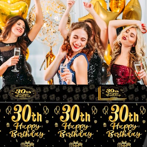 30th Birthday Party Decoration Set - Black Gold Plates, Napkins & Tablecloth