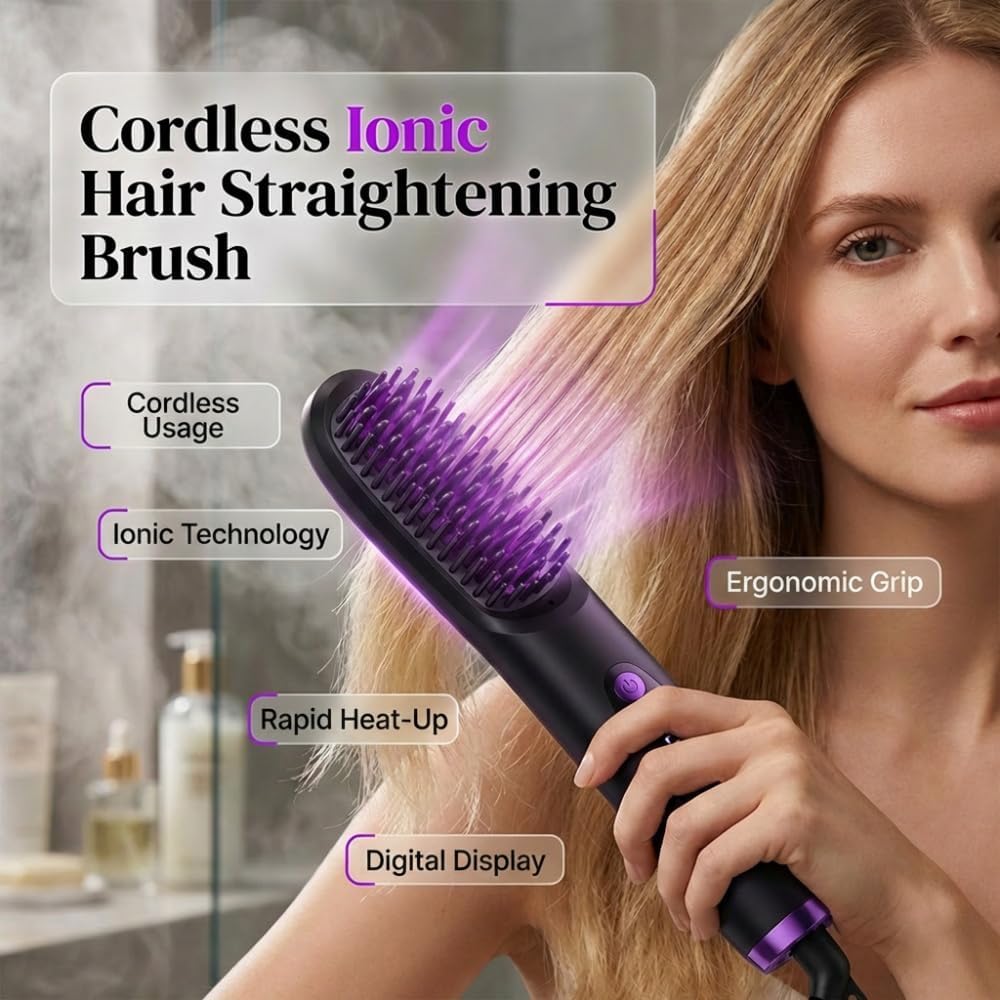 Cordless Hair Straightener Brush - Dual Charging, Compact Design for Home & Travel | Black