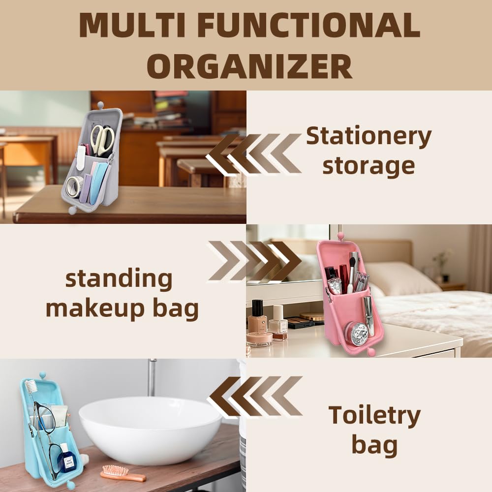 Geelraqaly silicone makeup brush holder,waterproof soft and sleek portable travel cosmetic bag,standing makeup bag,blue