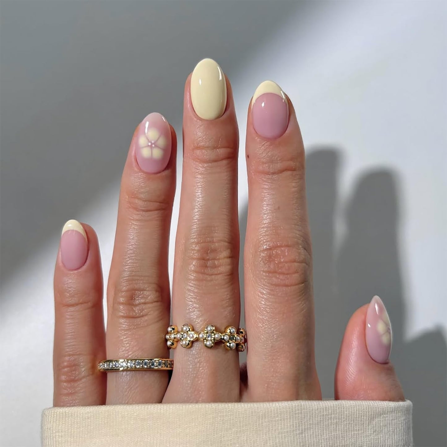 Short Press-On Almond Fake Nails - Rose Pink Acrylic with Glossy Stripe Designs | Reusable Full Cover Nails for Women