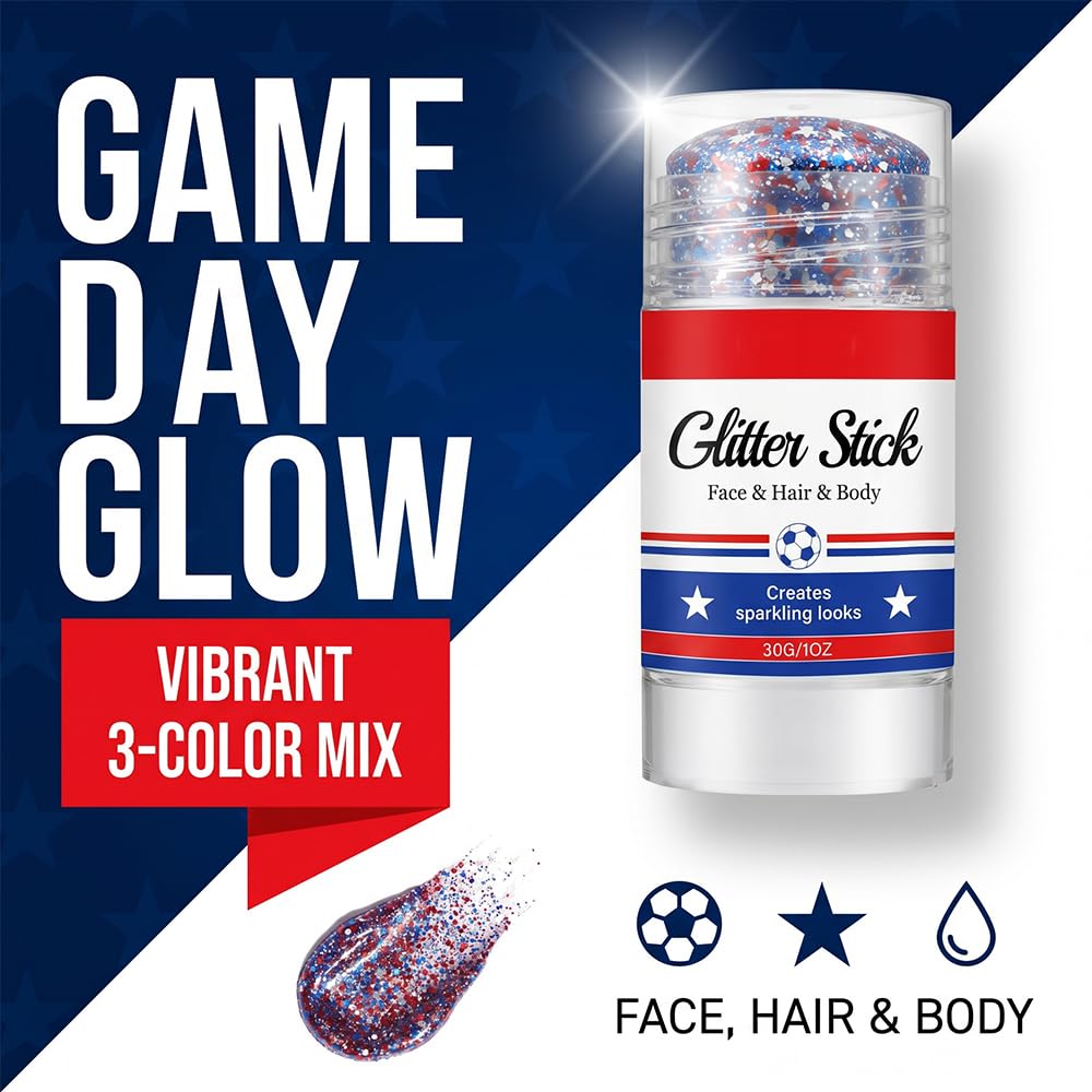 4th of July Glitter Stick, 2026 New Red, White & Blue Body & Hair Sparkle for Independence Day, Face Body Glitter, Sparkle Patriotic Glitter for Soccer Game Celebration (1)