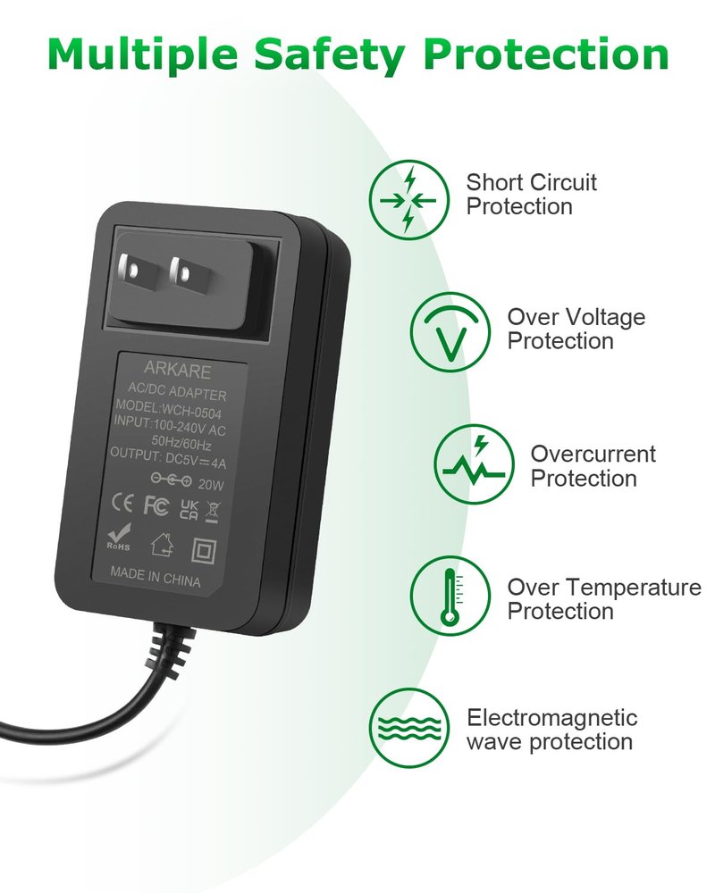 Arkare 5V 4A Power Supply Adapter 20W 4.9FT AC/DC Charger AC 100V-240V to DC 5V 4A 3.5A 3A 2.5A 2A 1.5A 1A Power Adapter for Jetson Nano Raspberry Pi Security Camera Monitor Graco Swing with 8TIPS