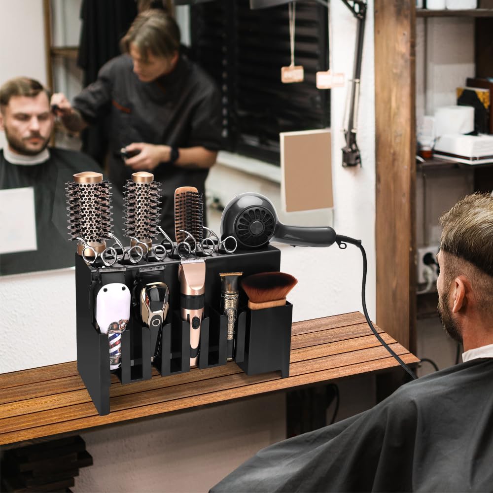 CGBARBER Wall Mounted Hair Clipper Storage Rack, Multi-Slot Hair Styling Tool Organizer Holder for Barbers, Heavy Duty Holder for Hair Dryer, Brush & Trimmer - Black