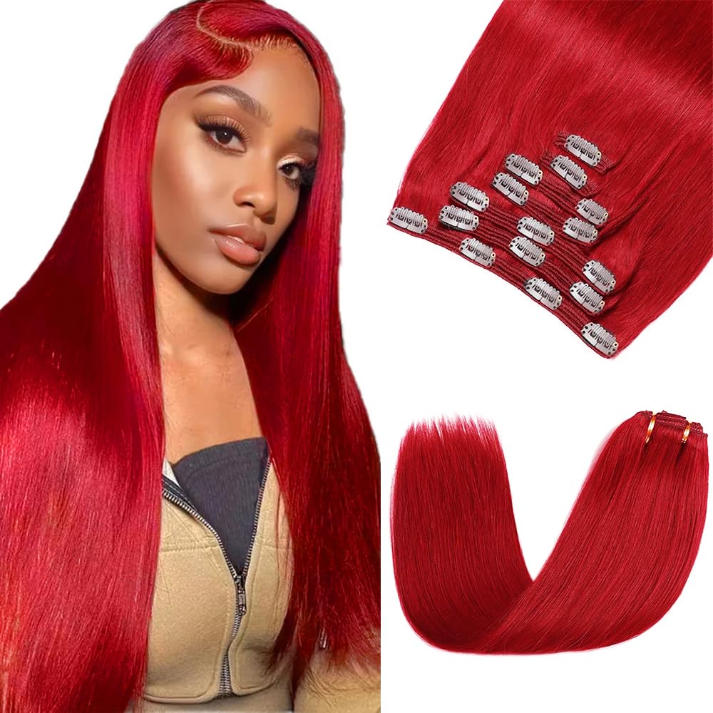 Red Clip in Hair Extensions Real Human Hair,20 Inch 120g/7Pcs,Full Shine Bright Red Hair,Wine Red Straight Clip ins Brazilian Virgin Human Hair Extensions