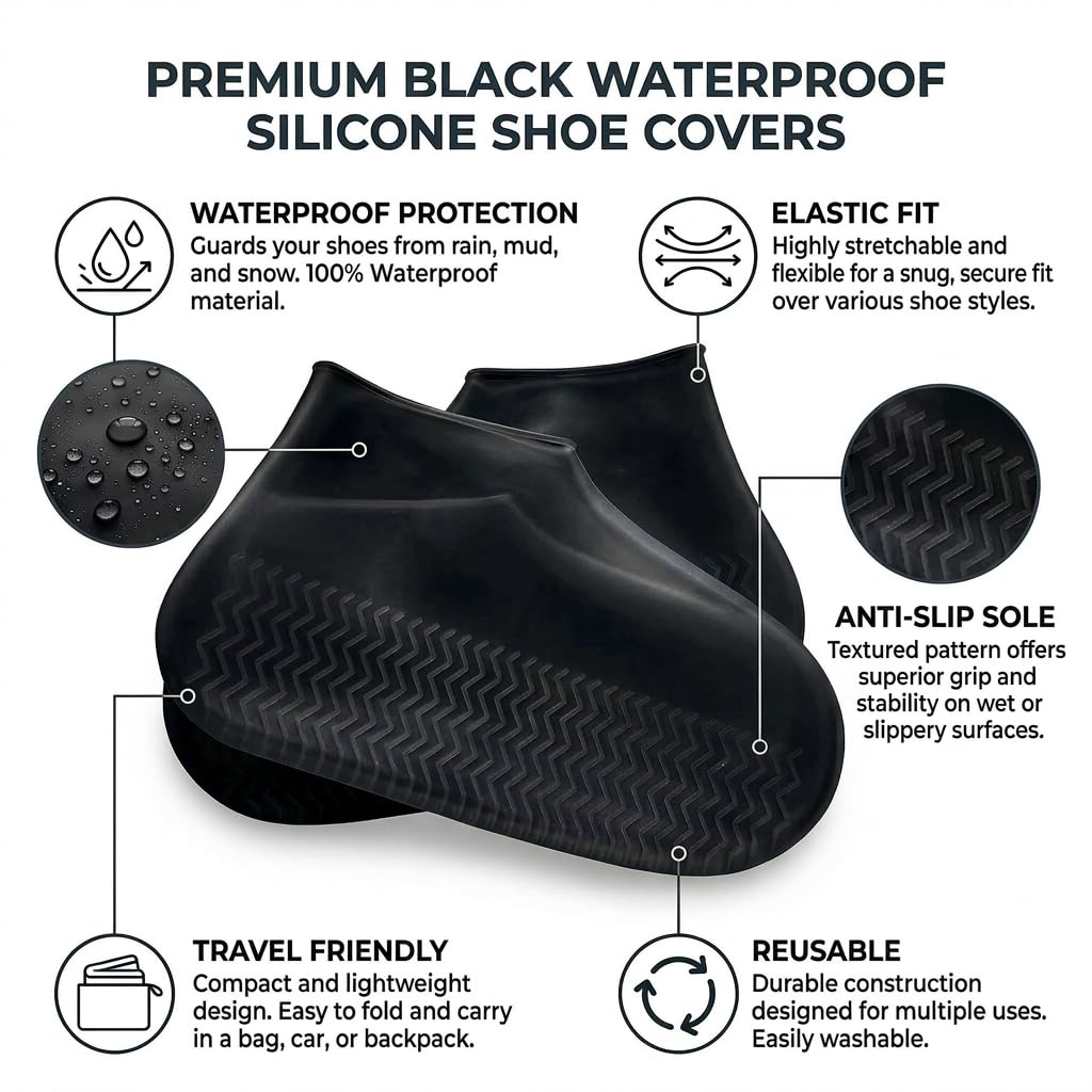 Waterproof Reusable Silicone Shoe Covers, Elastic Non Slip Overshoes for Rain Mud Travel Commuting Outdoor Shoe Protection, Silicone Rain Boot Covers for Daily Use Black Large