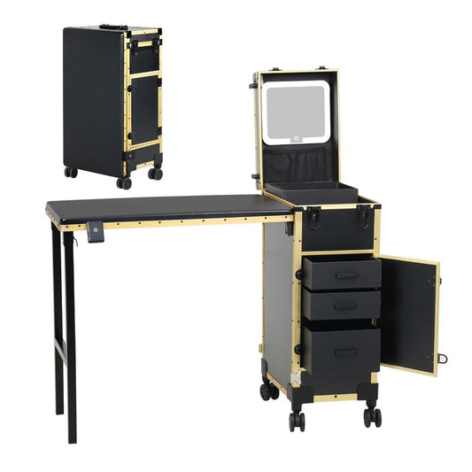 Rolling Portable Manicure Table with 3 Drawers, Lockable Makeup Train Case with Detachable Mirror, Foldable Nail Desk with Wheels & Handle, Mesa de Uñas Profesional para Nail Techs & Salon Use, Gloden