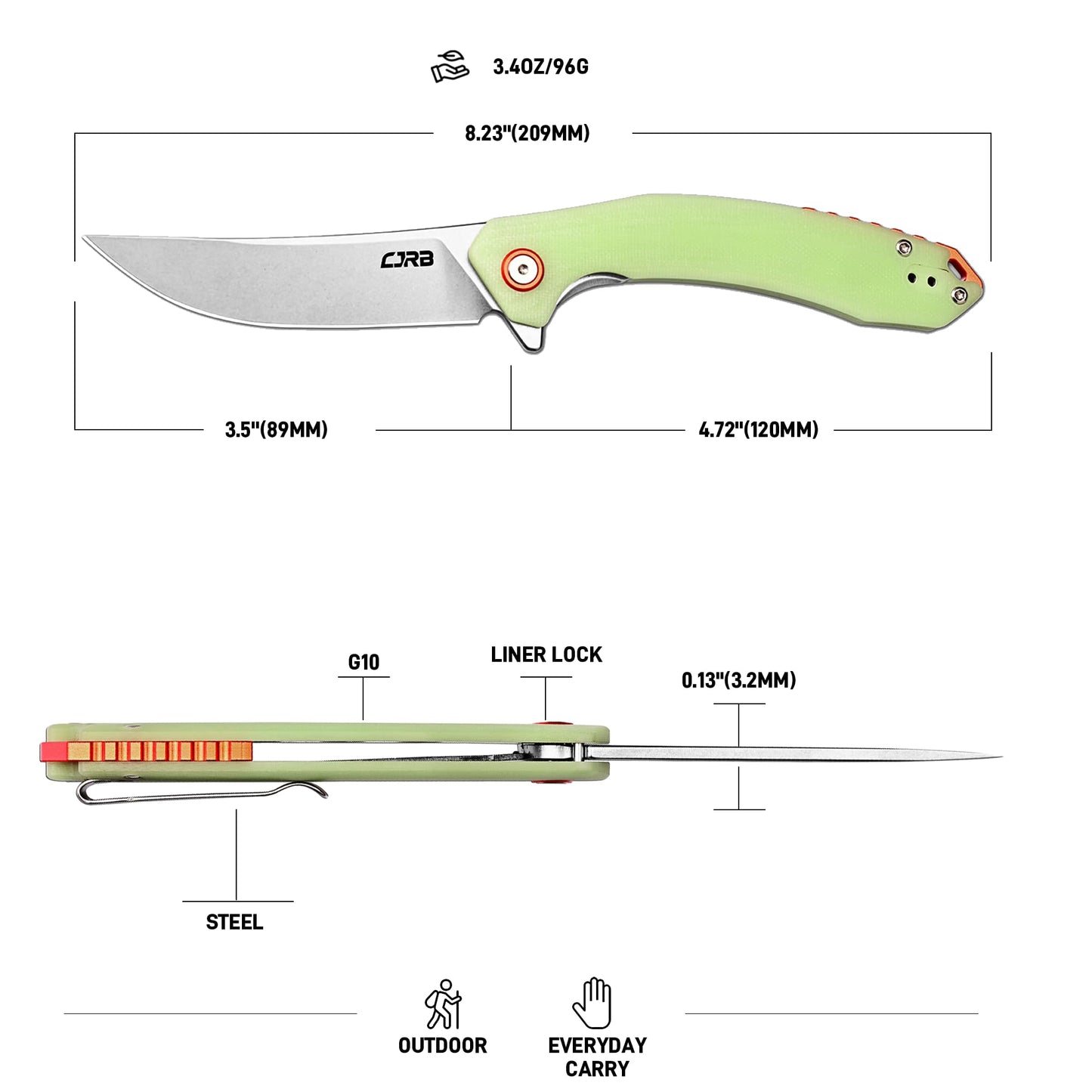CJRB Gobi G10 Glow in the Dark Handle Folding Pocket Knife, 3.5'' AR-RPM9 Steel Blade Manual EDC Knife with Liner Lock for Outdoor Camping Hiking Fishing(J1906-GD)