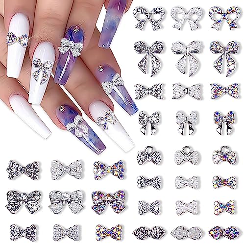 XEAOHESY Silver Nail Bow Charms - 33 Pcs for Nail Art & Decorations