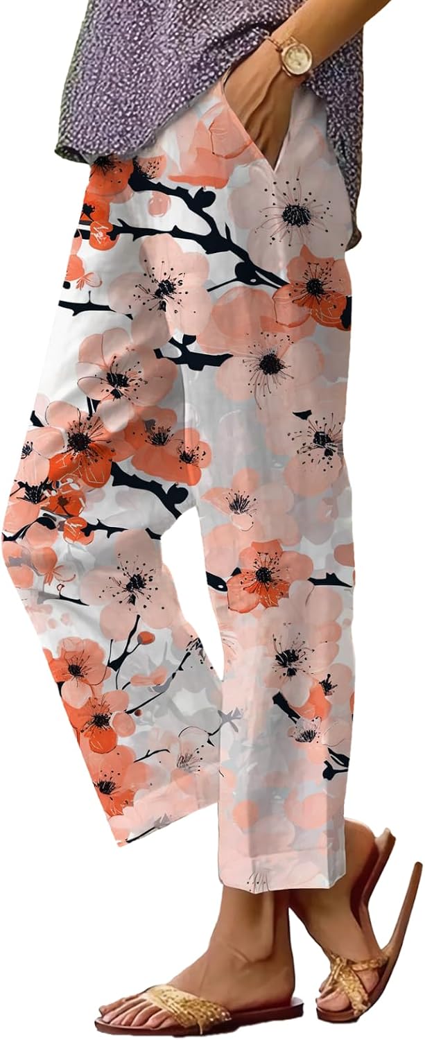 Women's Boho Floral Wide Leg Capris - Elastic Waist, Loose Fit Beach Pants | Casual Summer Trousers