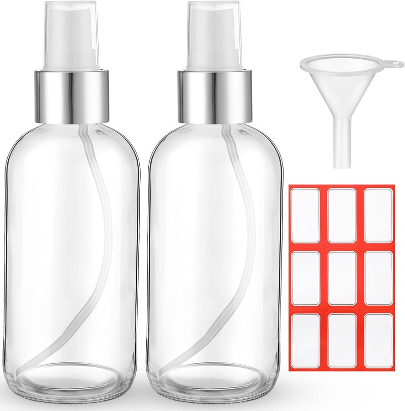 Fumete Glass Bottles 4oz - Refillable Liquid Containers for Essential Oils | Includes Label & Funnel, Clear with Silver Top