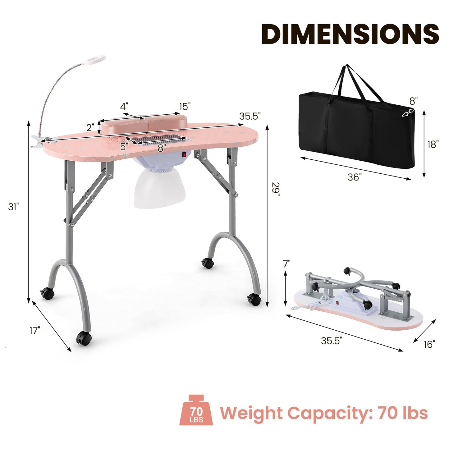 WELLHUT Nail Tech Table Vented Manicure Table w/LED Lamp, Dust Collector, Carry Bag & Soft Cushion, Portable Nail Tables w/Universal Mute Wheels for Nail Lovers Home Spa Beauty Salon