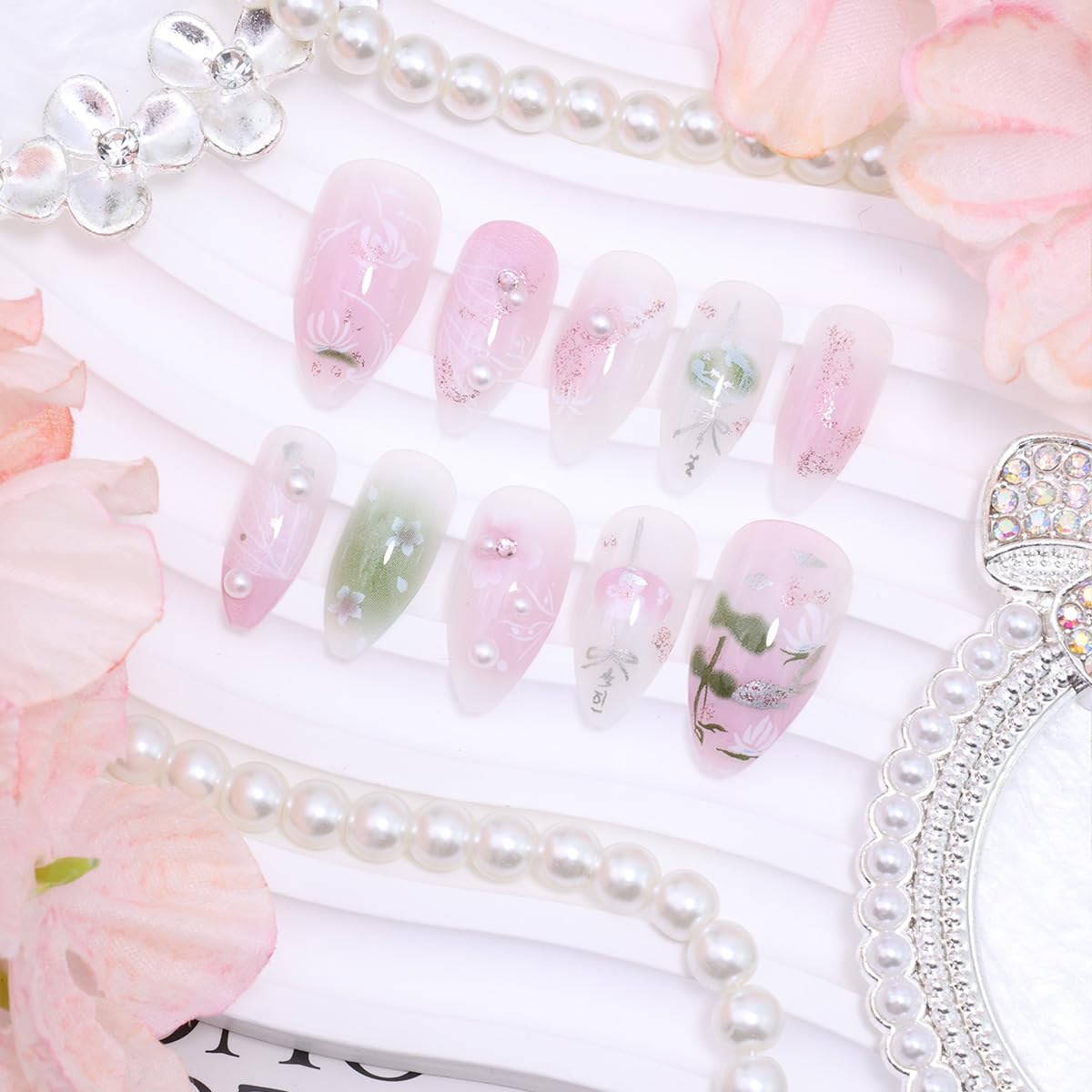 Press On Nails - 24Pcs Pink Flower Almond Nails with Pearl Design | Full Cover Spring Fake Nails for Women