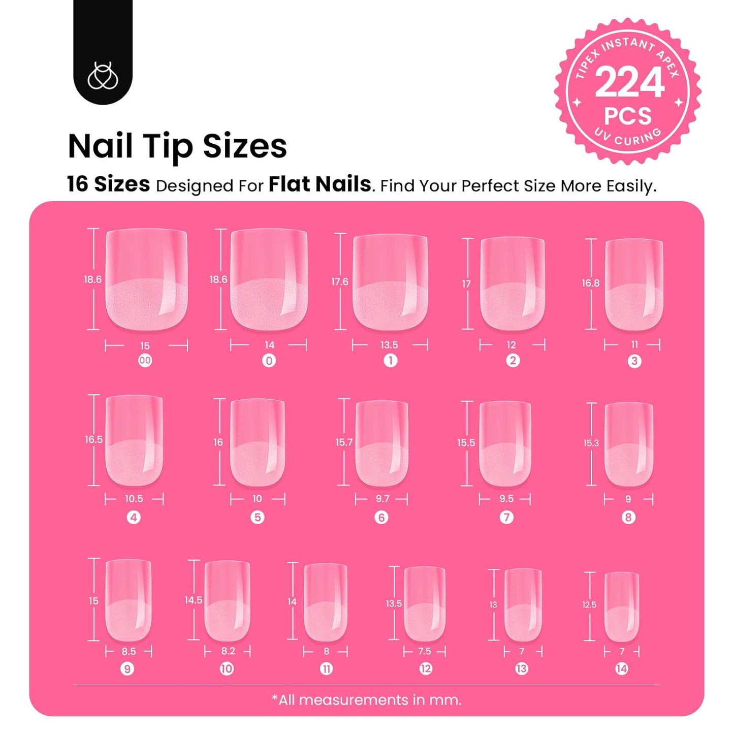 Beetles Tipex Gel Nail Kit - 224 Pcs Extra Short Square Nail Tips with Mini Lamp & Glue | 16 Sizes