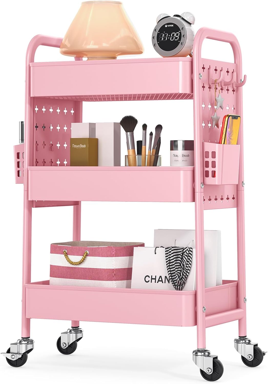 Metal Rolling Storage Cart - 3-Tier Utility Mobile Trolley with DIY Pegboards & Baskets | Pure Pink
