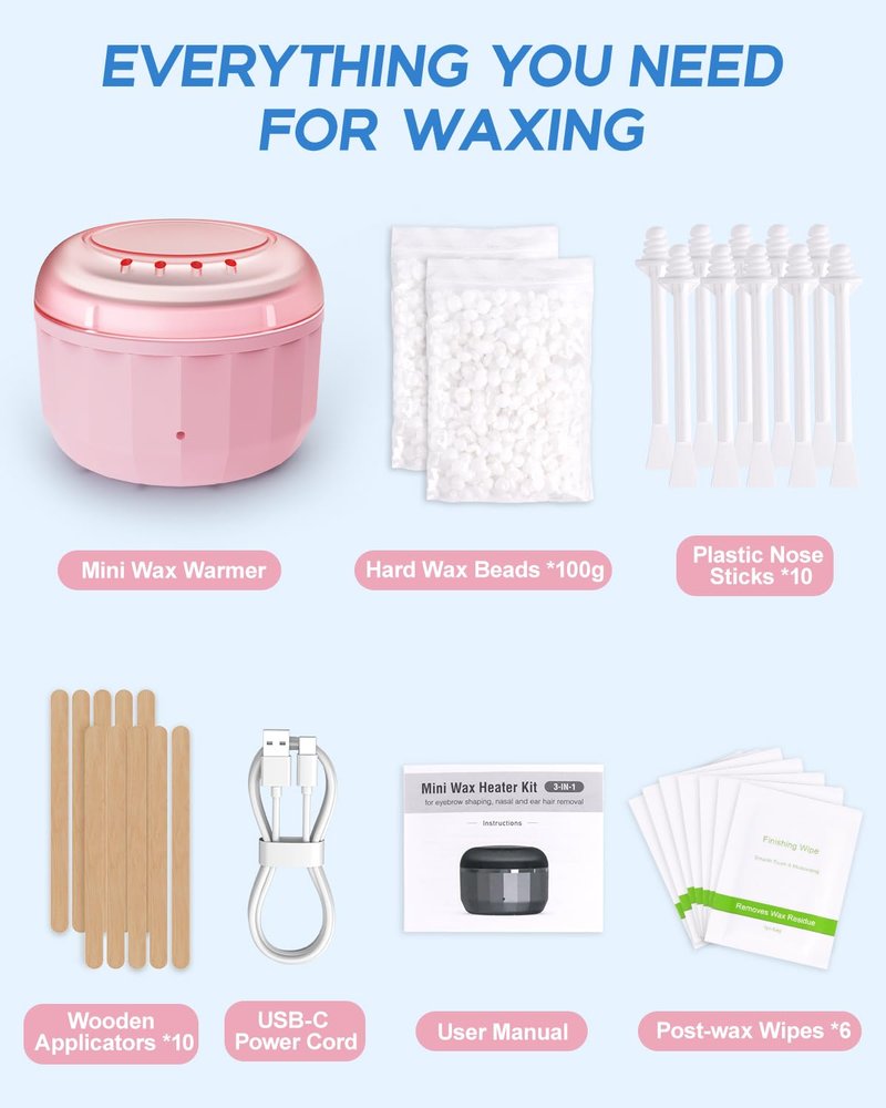 Nose Hair Wax Kit, Mini Waxing Kit for Women Men with 100g Beads, 10 Applicators, 10 Nose Hair Sticks, Protable Wax Warmer Machine for Hair Removal, Ear Eyebrow Waxing Kit for Home Travel Use - Pink