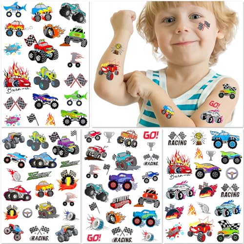 Gabizafia 75 Pcs Toddler Tattoos Hot Car Wheels Monster Truck Party Favors (Car Truck Tattoo) - 4 Sheets, 21x15cm