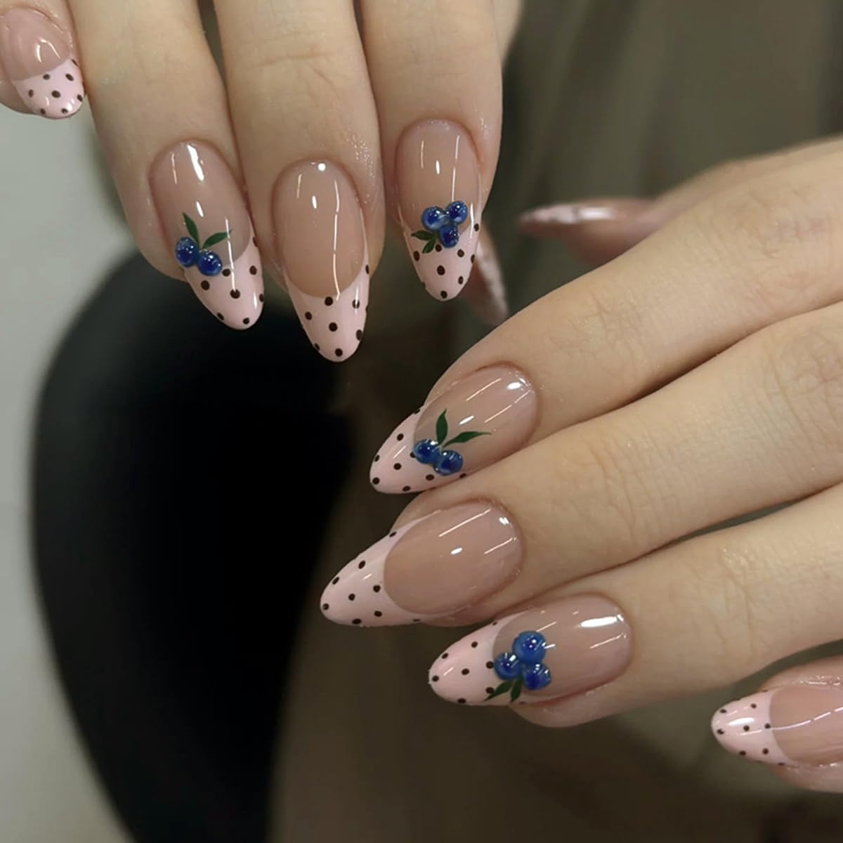 Almond Yellow French Tip Press-On Nails - Ladybug & Green Leaves Design | Reusable Full Cover 24 Pcs for Spring/Summer Manicure