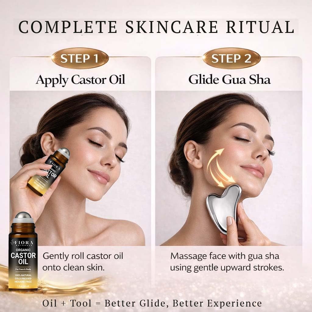 Organic Castor Oil Roll-On & Gua Sha Facial Tool Set - Metal Sculpting Tool for Jawline Lift & Puffiness Care