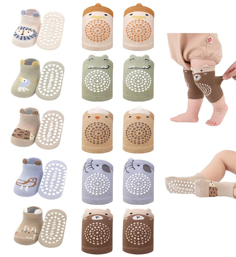 WATOCHE Baby Crawling Knee Pads and Socks with Anti-Slip Grips 10 Pairs Unisex Baby Toddler Nonslip Kneepads & Ankle Floor Socks(10 Pairs-Brown Animal,0-12M)