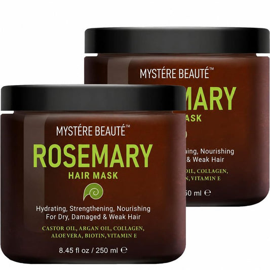 MYSTÉRE BEAUTÉ Rosemary Deep Conditioning Hair Mask for Dry Damaged Hair and Growth with Collagen Argan Oil - Rosemary Oil Leave in Conditioner aceite de romero puro y natural 8.5 fl oz x 2 Pack