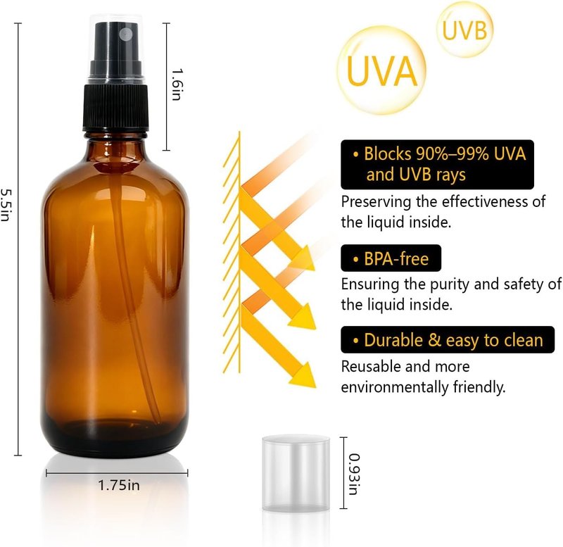 Amber Glass Spray Bottles - 28 Pack 4oz Refillable Fine Mist Bottles for Essential Oils, Hair, Cleaning | Includes Funnels & Labels