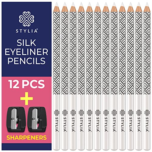 Stylia Waterproof White Eyeliner Pencil - 12 Pack Long-Lasting Eye Highlighter