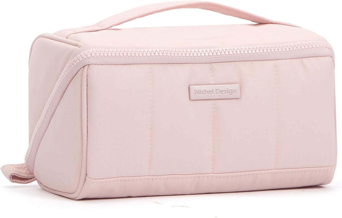Travel Makeup Bag for Women - Fluffy Lightweight Open Flat Organizer | Multiple Dividers, Beige