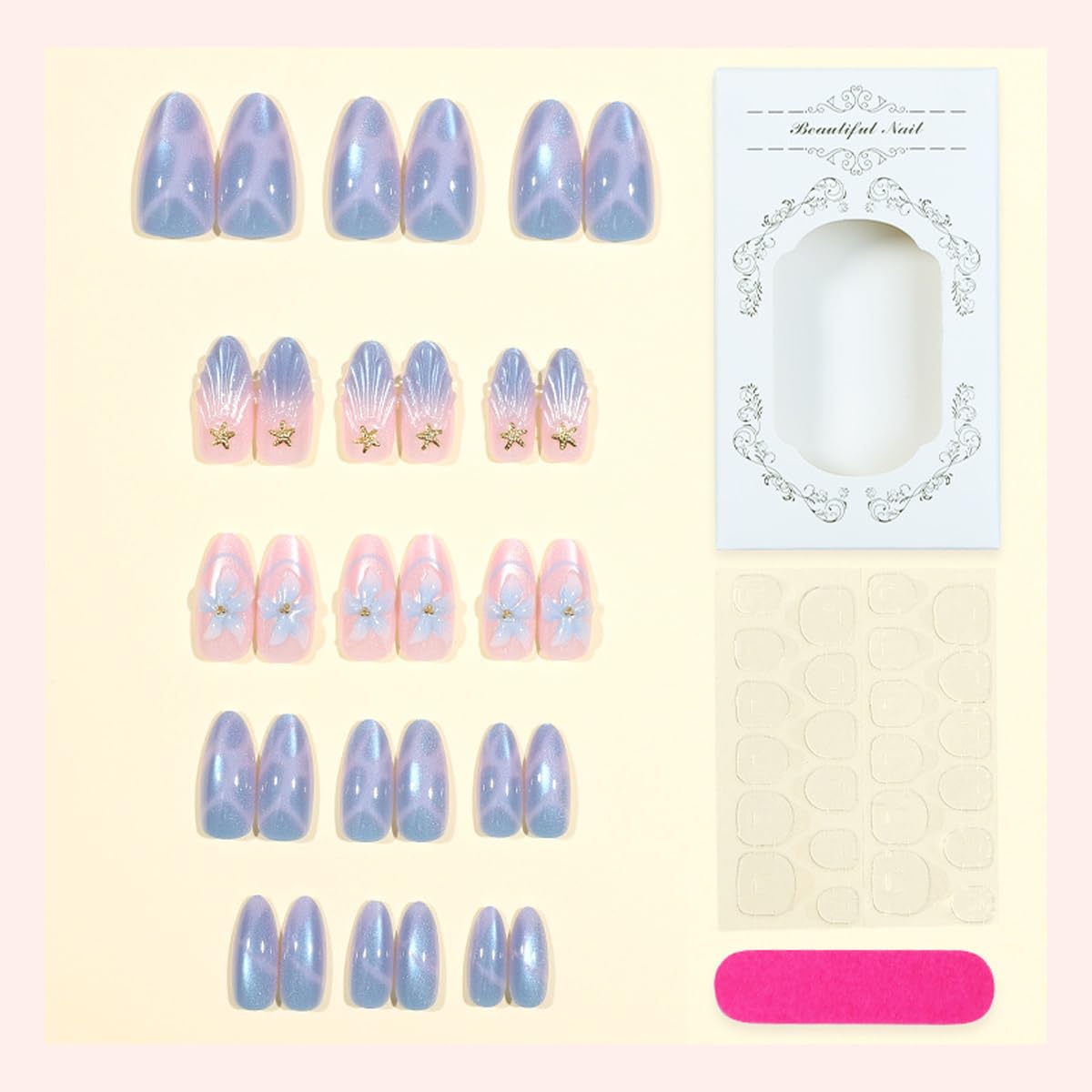 Press On Nails - Glossy Marble Medium Almond with 3D Flower & Gold Star Charms | 30 Pcs, Reusable for Ocean Beach Manicure