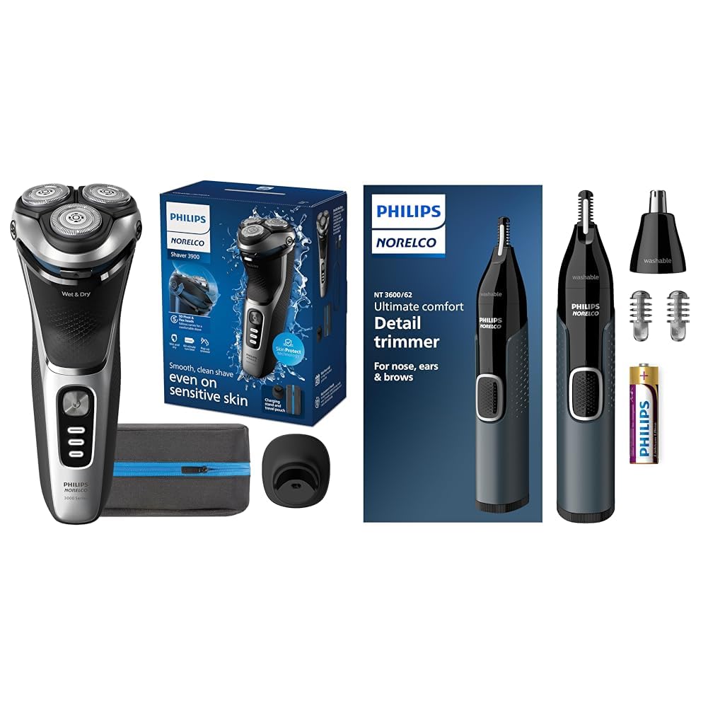 Philips Norelco Shaver 3900 - Rechargeable Wet & Dry Electric Shaver with Trimmer & Stand | Nose Trimmer for Ears & Eyebrows