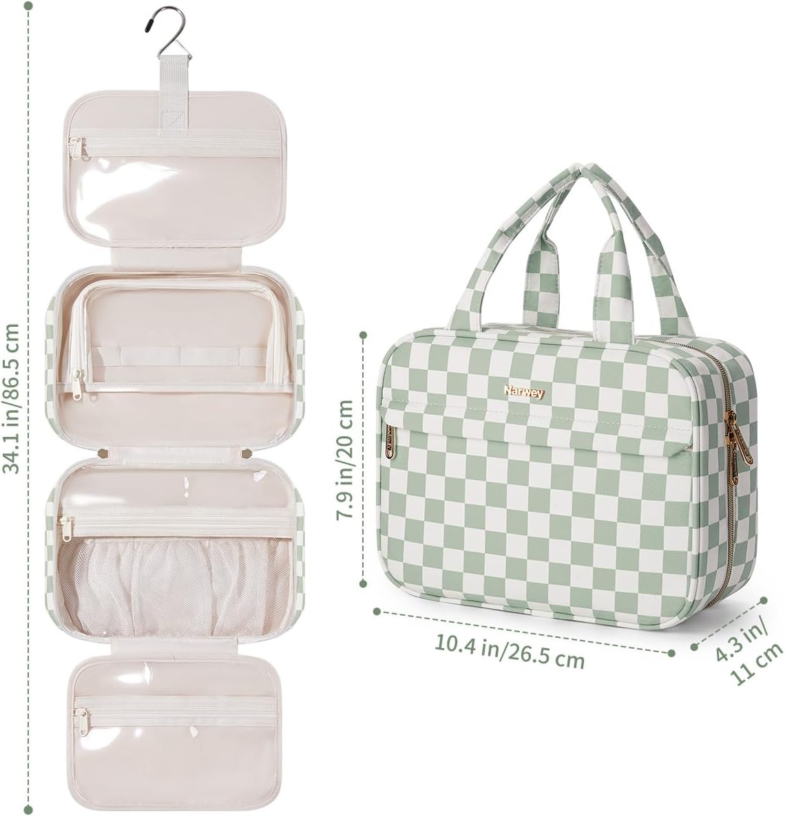 Hanging Toiletry Bag for Women - Checkered Travel Makeup Organizer | Mint Green Checkerboard, Medium Size