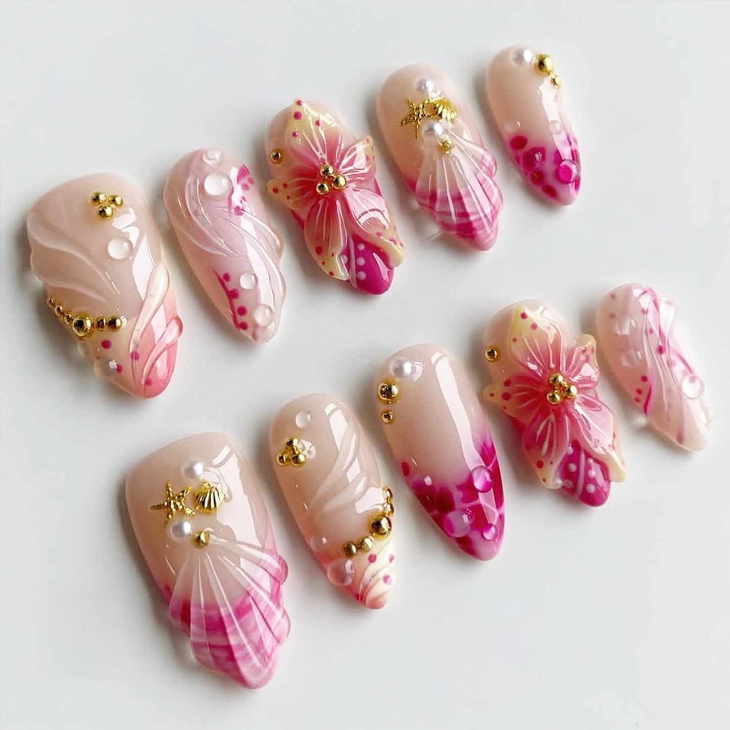 3D Pink Flower Press-On Nails - Nude Pink Gradient French Tip | Medium Almond, Reusable 30 Pcs for Weddings