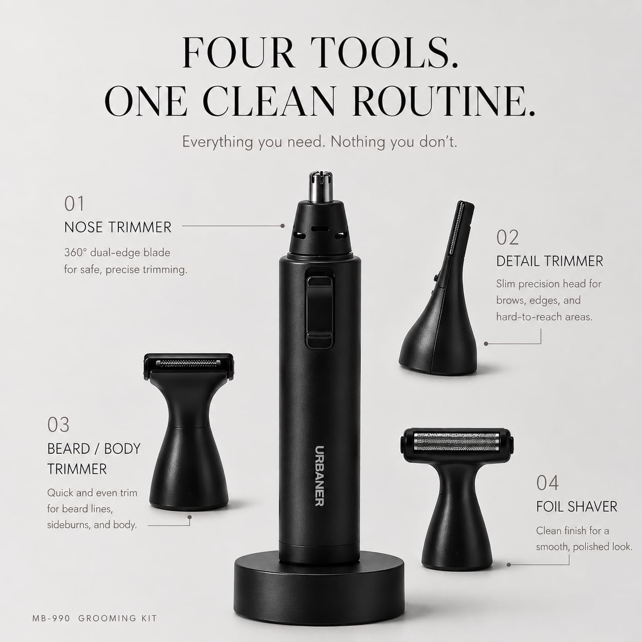 URBANER Nose Hair Trimmer for Men, Japanese Motor, USB Charger, IPX8 Waterproof, 4-in-1 Grooming Set, Ear and Nose Hair Trimmer, Eyebrows Trimmer, Portable Electric Shaver, Gifts MB-990