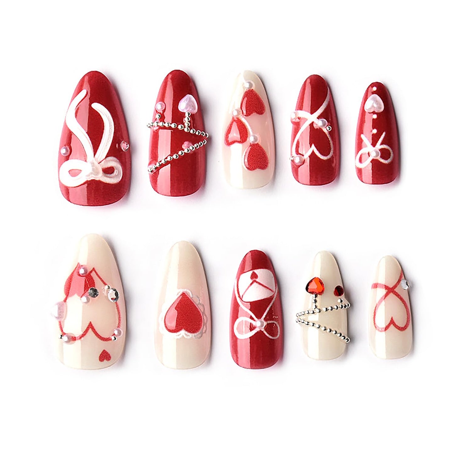 Valentine's Press-On Nails - 24 Pcs Medium Almond Acrylic Set with Heart Pearl Rhinestones & 3D Bow | Full Cover for Women