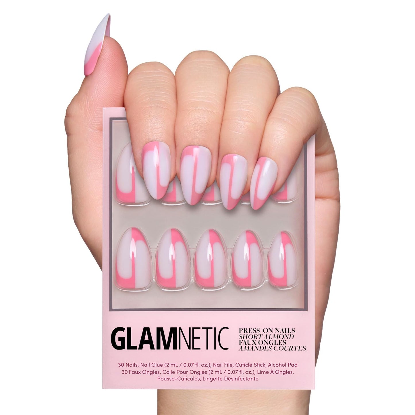 Glamnetic Press-On Nails - Pink Me Up Spring Almond Nails | Pastel Pink French Tips with 3D Pearls - 30 Nail Kit, 15 Sizes