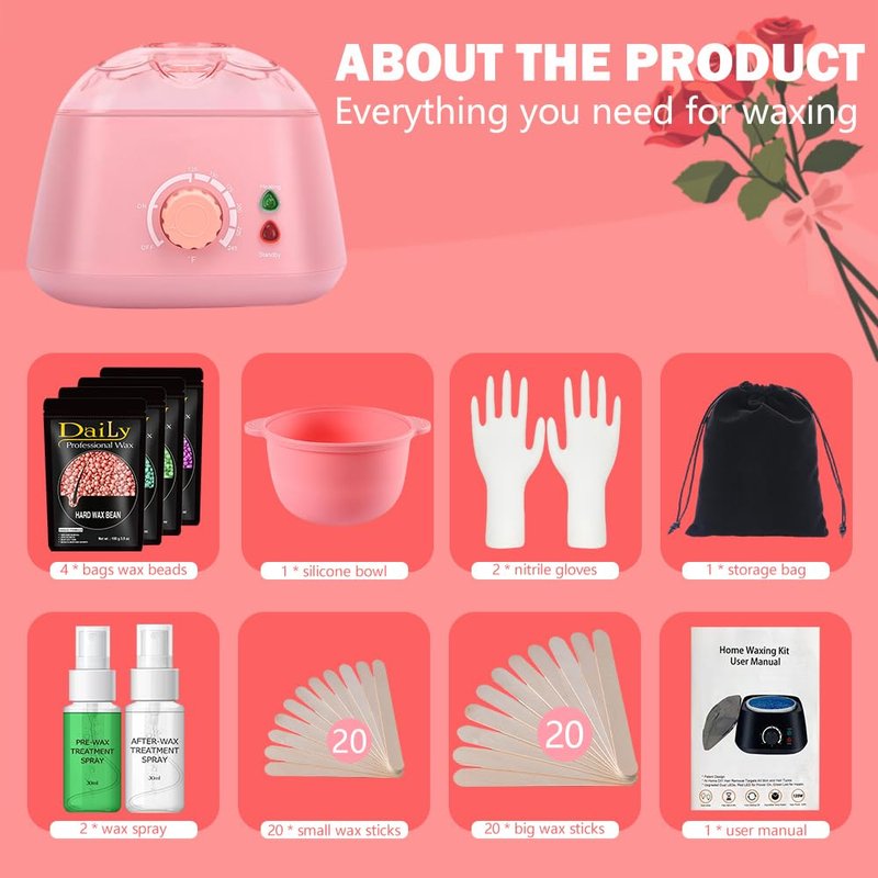 Wax Warmer Kit for Sensitive Skin - Professional Hard Wax Beans Kit with Silicone Liner, Gloves & Storage Bag, BPA-Free & Dermatologist Tested for Face, Bikini Line, Legs & Full Body (PINK)