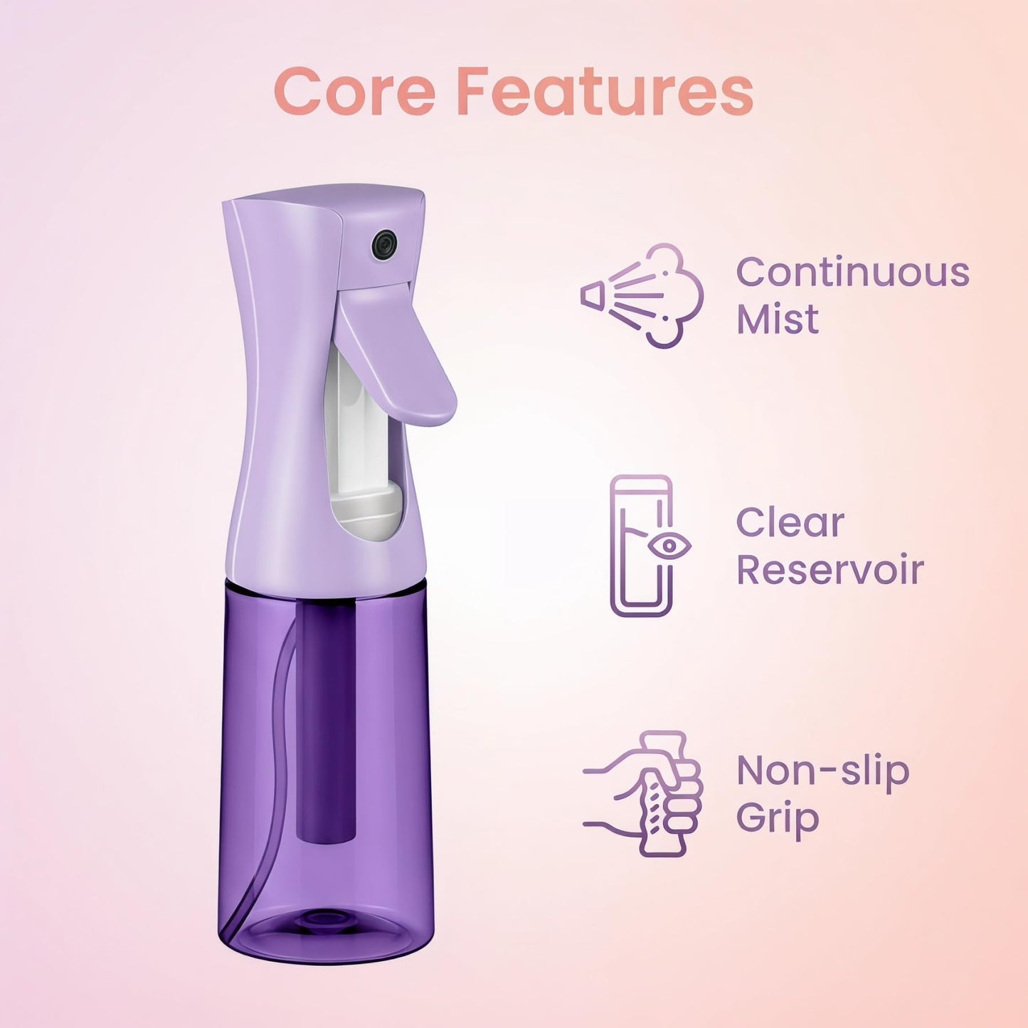 HIVEKLY Spray Bottle For Hair,Continuous Spray Bottle, Empty Spray Bottles – Recycled Hair Misting Sprayer for Styling, Cleaning, Plants, Barbers (Purple)
