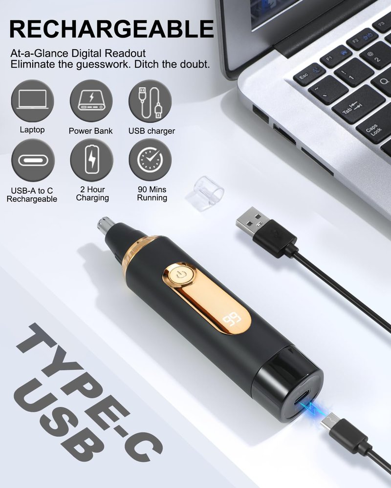 RAXMETRY Nose Hair Trimmer for Men,2026 Professional Painless IPX7 Waterproof,USB Rechargeable with LED Display Dual-Edge Blades,Black