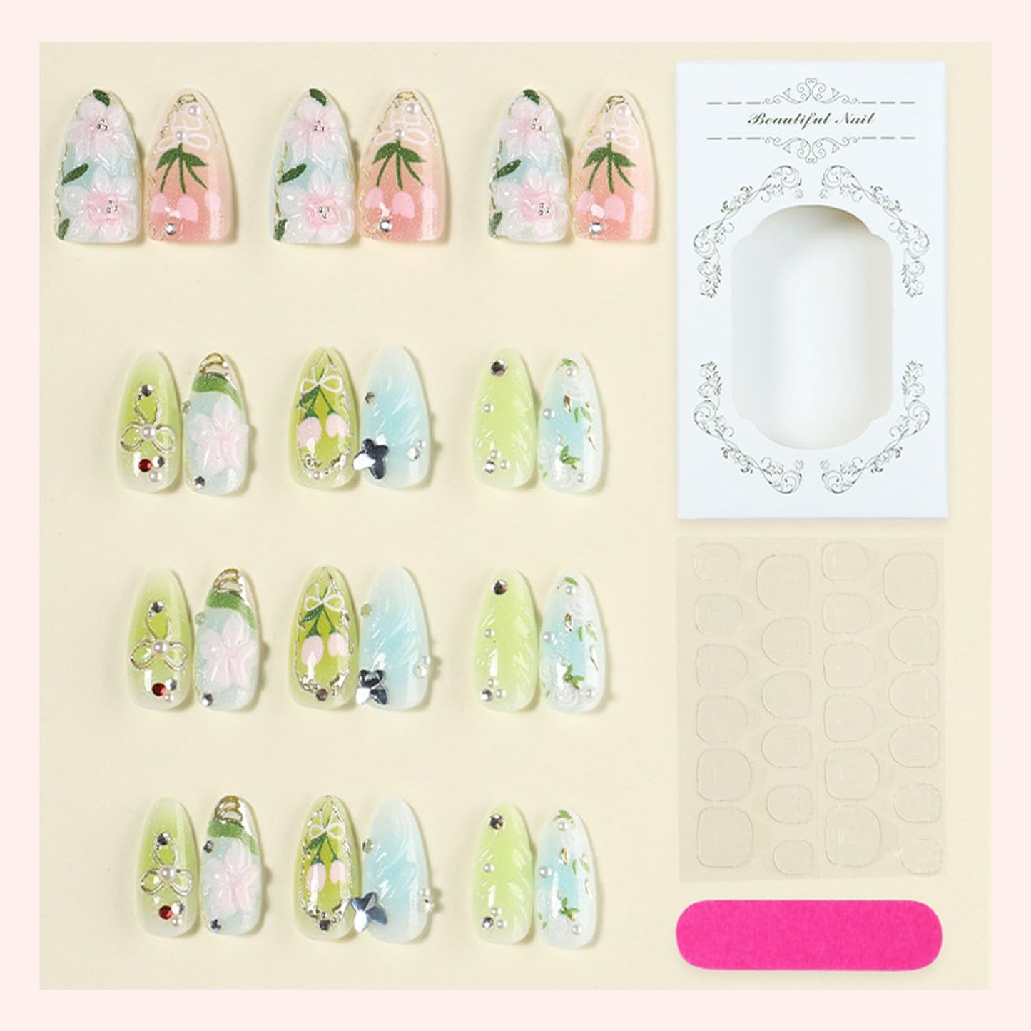 30Pcs Spring Press on Nails Medium Almond Fake Nails With Flower Butterfly Rhinestones Design 3D Pearl False Nails Cute Butterflies Acrylic Nail Spring Floral Bow Full Cover Glue on Nails for Women