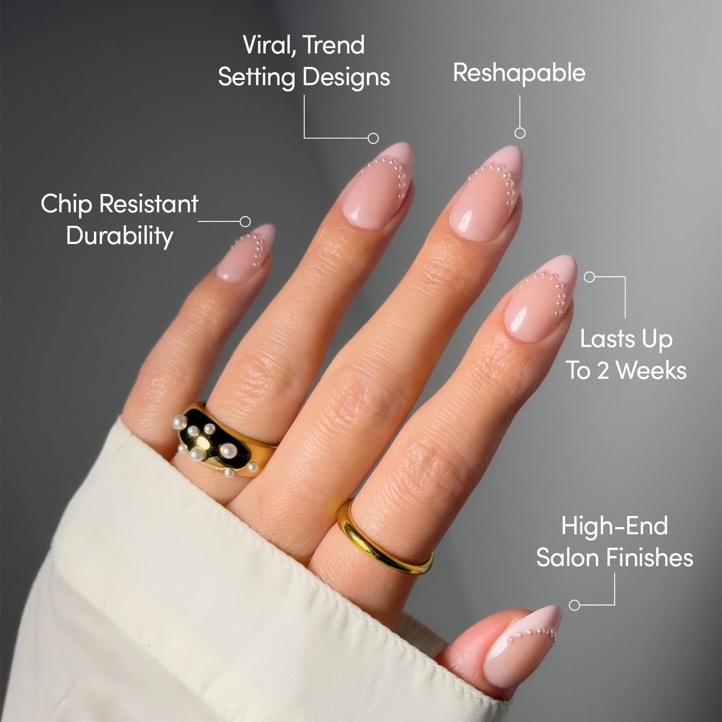 Glamnetic Press-On Nails - Pink Me Up Spring Almond Nails | Pastel Pink French Tips with 3D Pearls - 30 Nail Kit, 15 Sizes