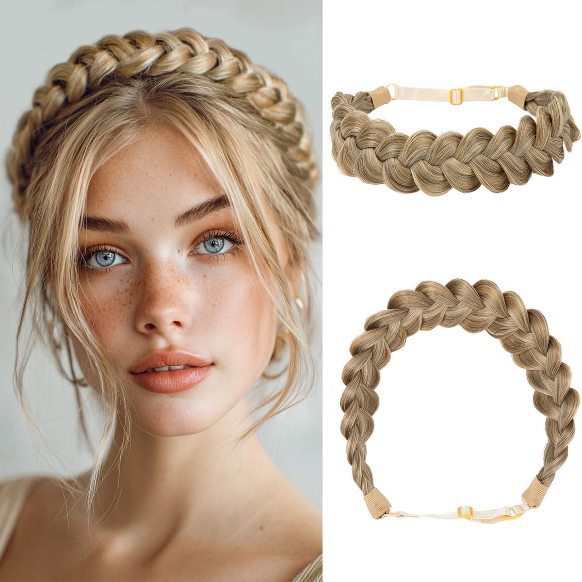 Wide Elastic Braided Headbands for Women - Adjustable Synthetic Hair Hairpiece | Silver Grey