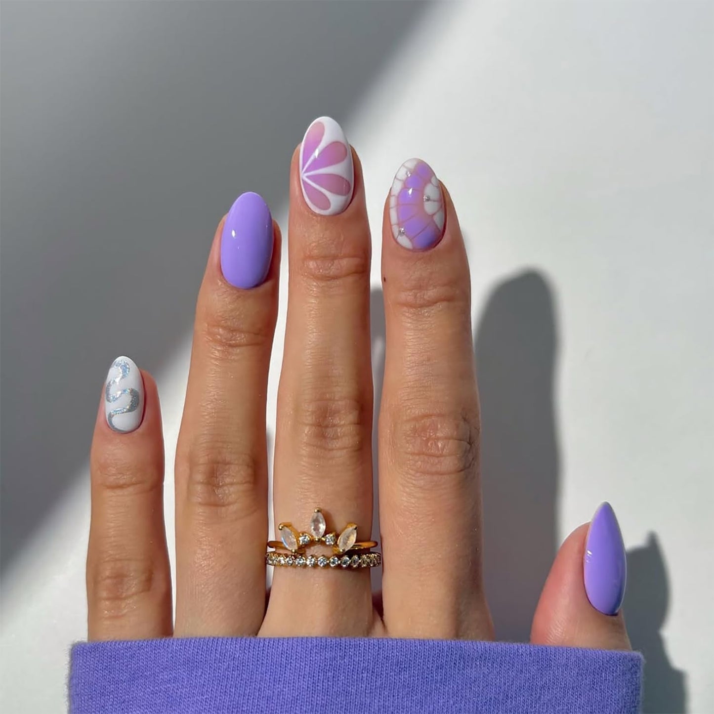 Short Press-On Almond Fake Nails - Rose Pink Acrylic with Glossy Stripe Designs | Reusable Full Cover Nails for Women