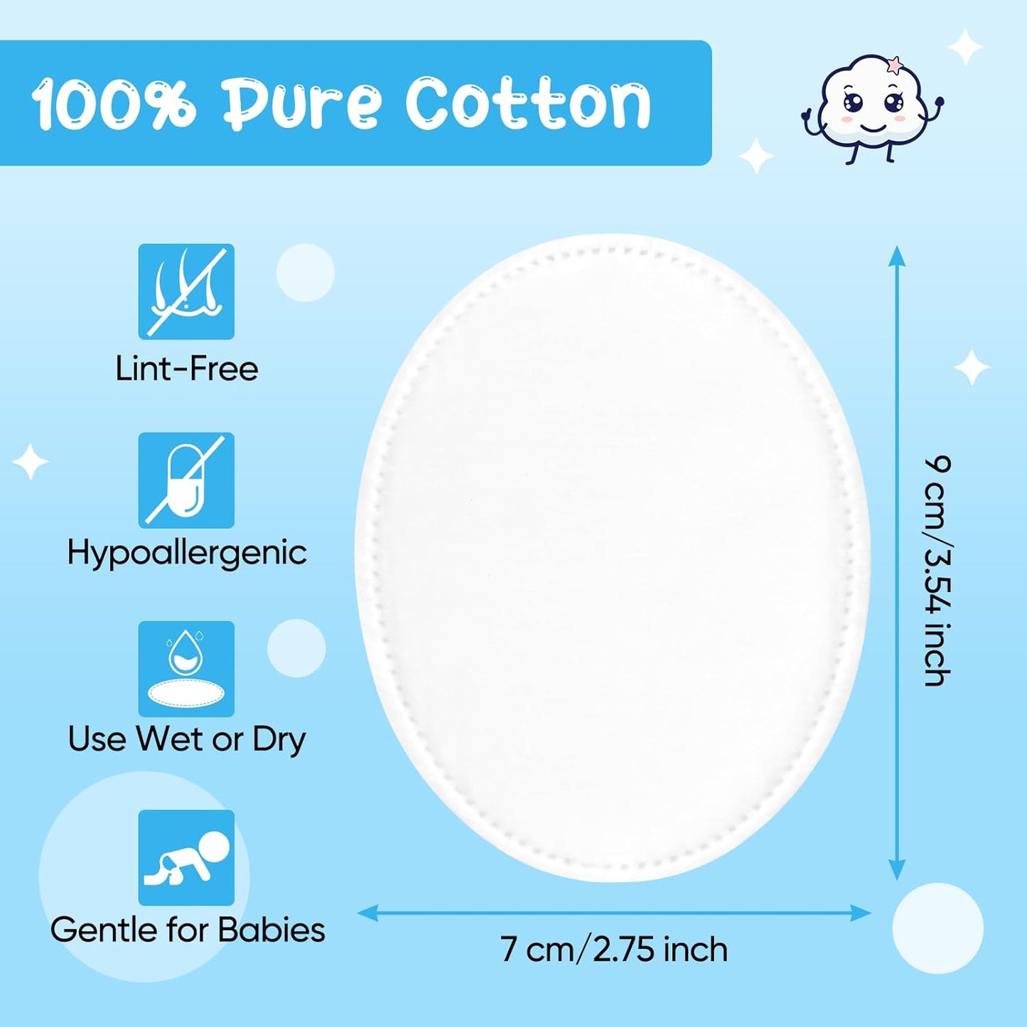 Oval Cotton Pads - 100% Pure Cotton, Gentle for Babies | Lint-Free, Hypoallergenic, Soft Texture, 100-Count