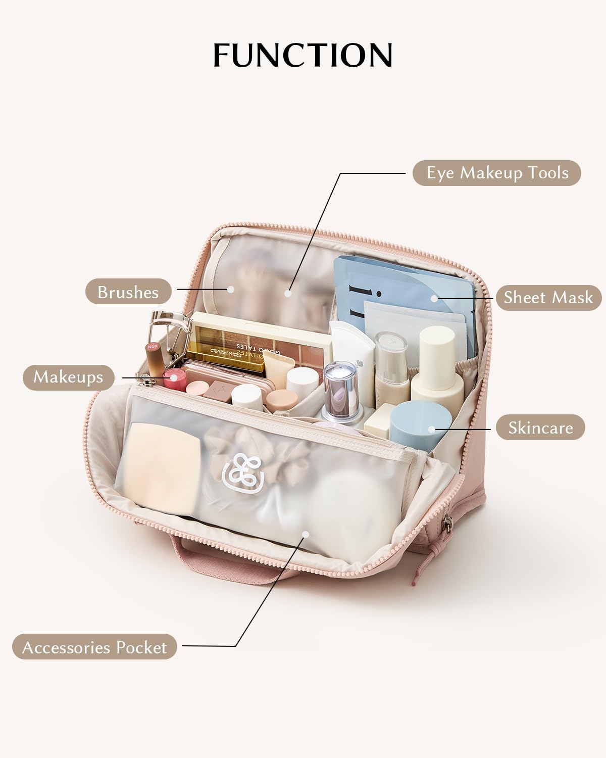Large Waterproof Makeup Bag - Standing Cosmetic Organizer with Phone Holder & Detachable Dividers | Wipe-Clean Brush Pouch for Women