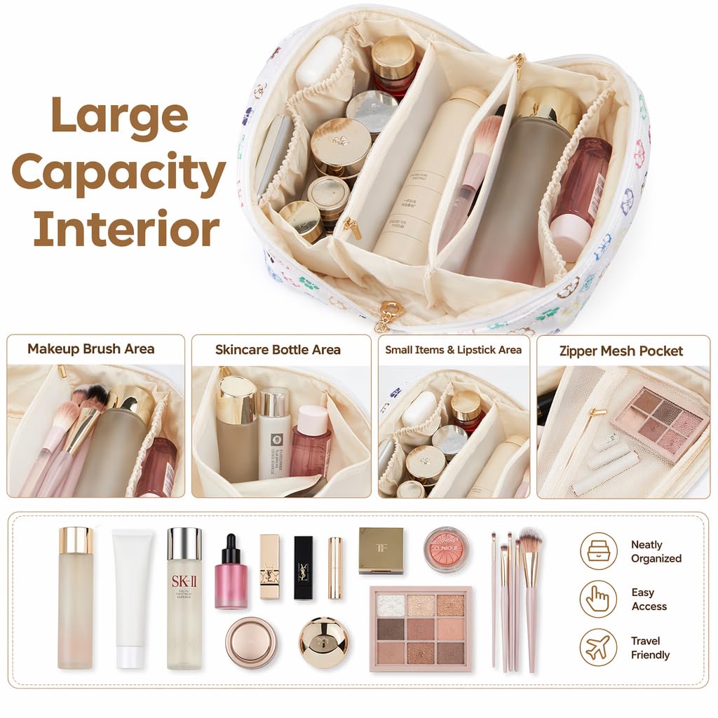 YTL Travel Makeup Bag, Puffer Cosmetic Bag for Women, Waterproof Puffy Padded Make Up Bags, Flat Open Portable Organizer Case Toiletry Bag Pouch Purse for Skincare, Brushes & Travel Essentials