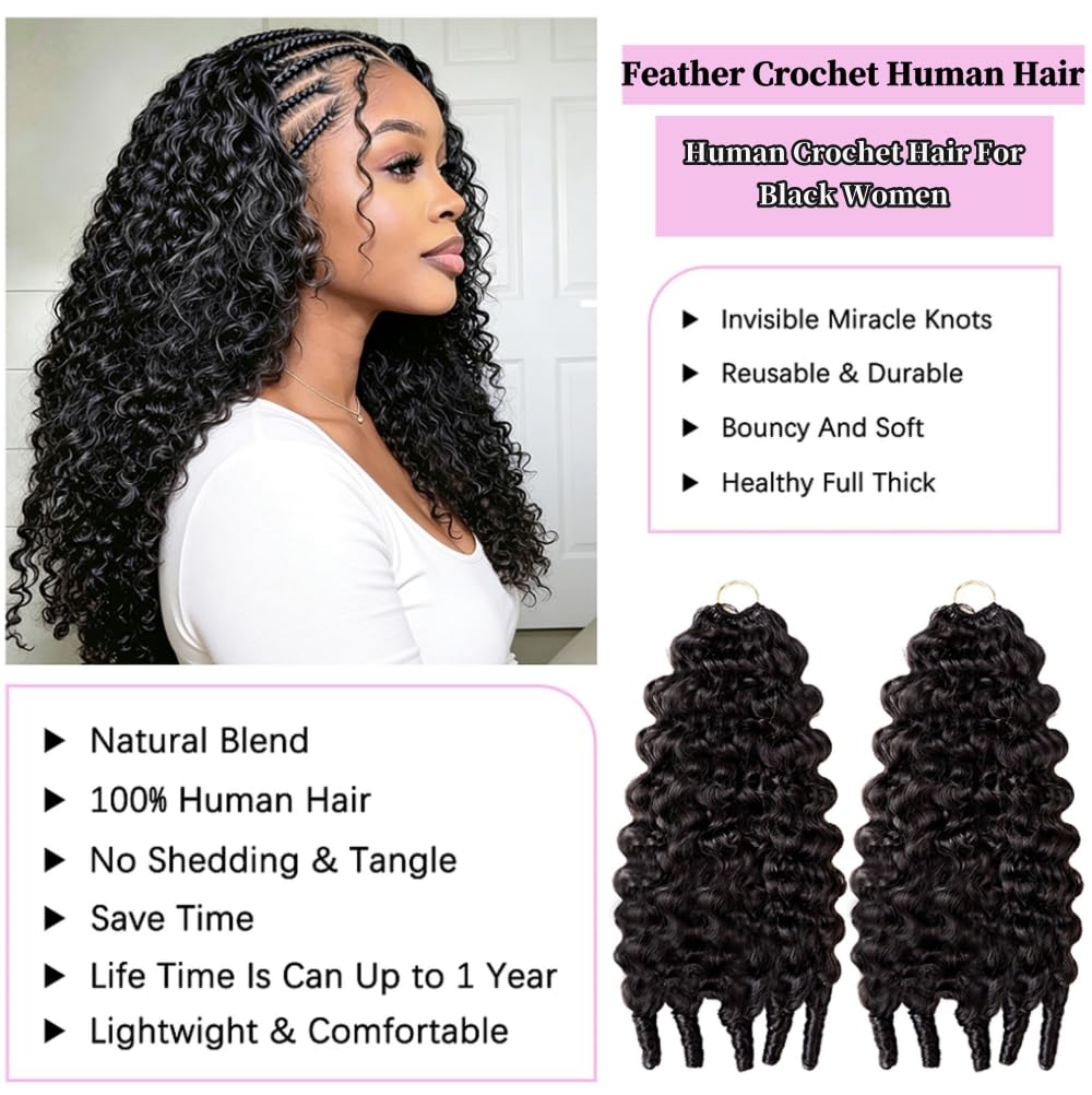 Feather Crochet Human Hair for Black Women Burmese Curly Miracle Knots Pre-Separated Feather Crochet Bundles Human Hair Lightweight Reusable Hair Extensions Kit Natural Black Color 150G 18 Inch