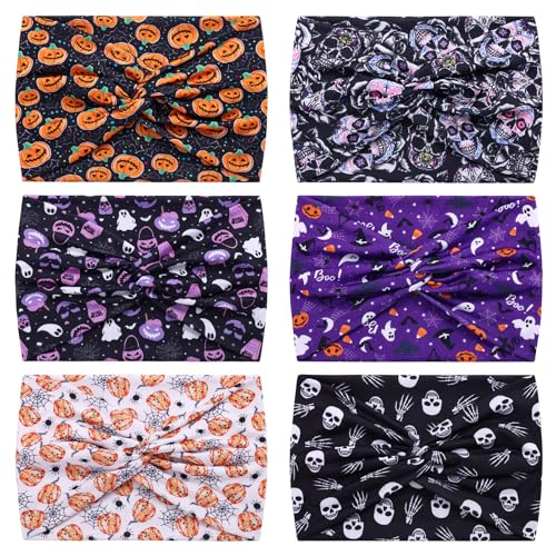 6-Pack Halloween Wide Headbands - Pumpkin, Skull & Bat Hair Accessories